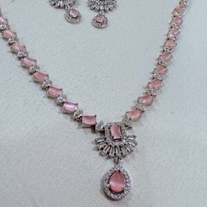 Pakistani indian Elegant Pink and Silver Necklace and Earring Set